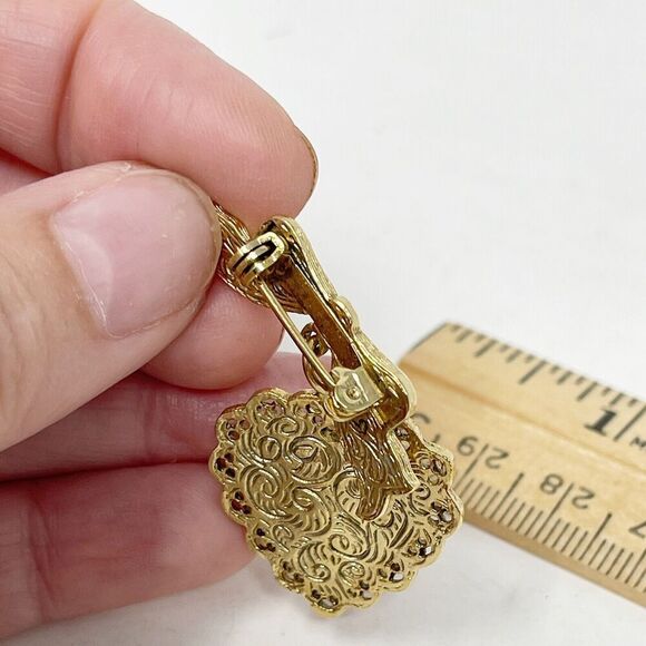 Vtg 1928 Porcelain Rose Brooch Heart Dangle Ribbon Bow Gold Tone Lapel Pin‎ - Picture 5 of 6